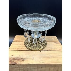 Vintage Regency MCM Ornate Brass Base Glass Centerpiece Candy Fruit Dish Trinket